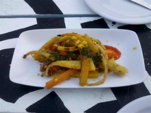 Local heirloom carrots with pesto & tomato-base sauces